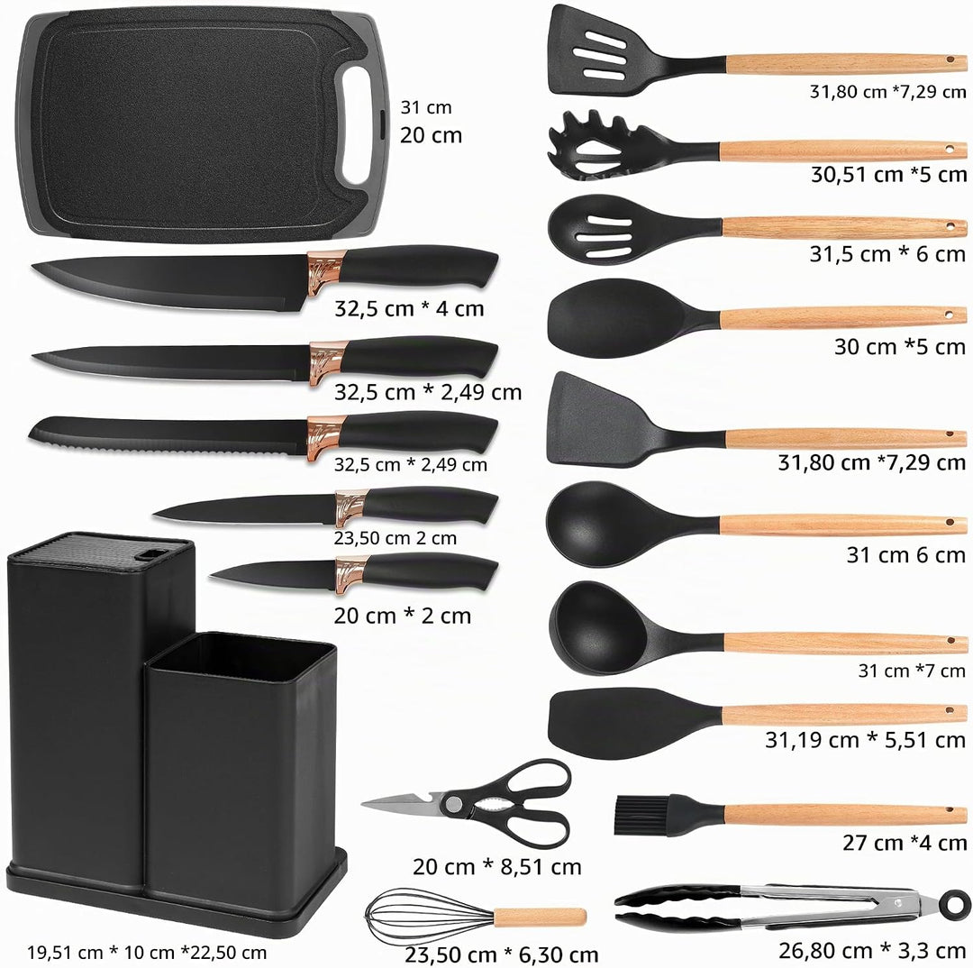 Vortix Küchenhelfer Set, 19 Teiligs Küchenutensilien Mit 5 Teiligs küchenmesser set mit block und Pf