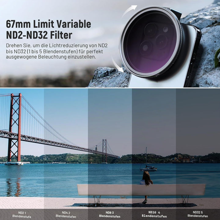 Neewer 67 mm Variables ND2-ND32 Handy-Objektivfilter-Set, Handy-Clip mit Gewindeadapterring/Kaltschu