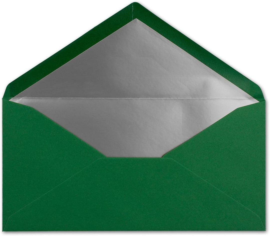 100 Brief-Umschläge DIN Lang - Dunkel-Grün mit Silber-Metallic Innen-Futter - 110 x 220 mm - Nasskle