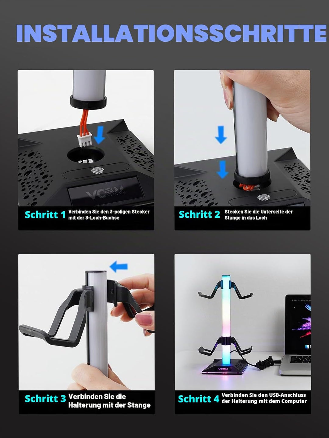 VCOM RGB Gaming Kopfhörer Ständer mit 10-Licht Modi, Controller Halter mit 2 USB Ports, PC Gaming Zu