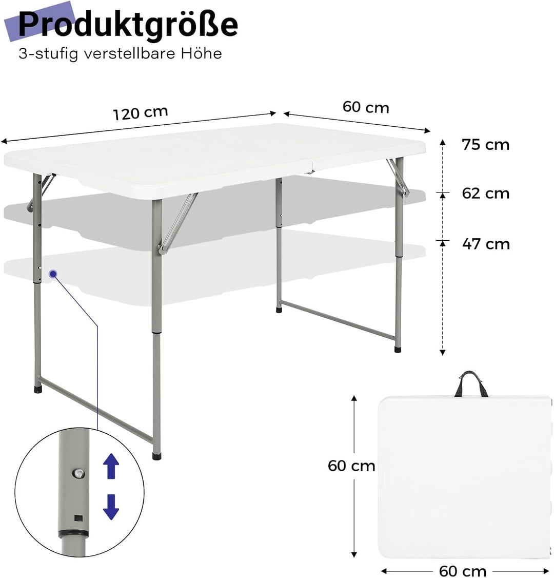 Klapptisch 120 cm tragbar, höhenverstellbar Campingtisch, Gartentisch Esstisch Partytisch klappbar f