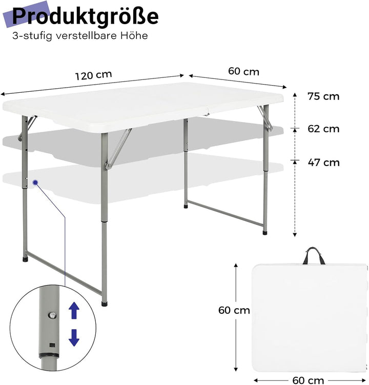 Klapptisch 120 cm tragbar, höhenverstellbar Campingtisch, Gartentisch Esstisch Partytisch klappbar f