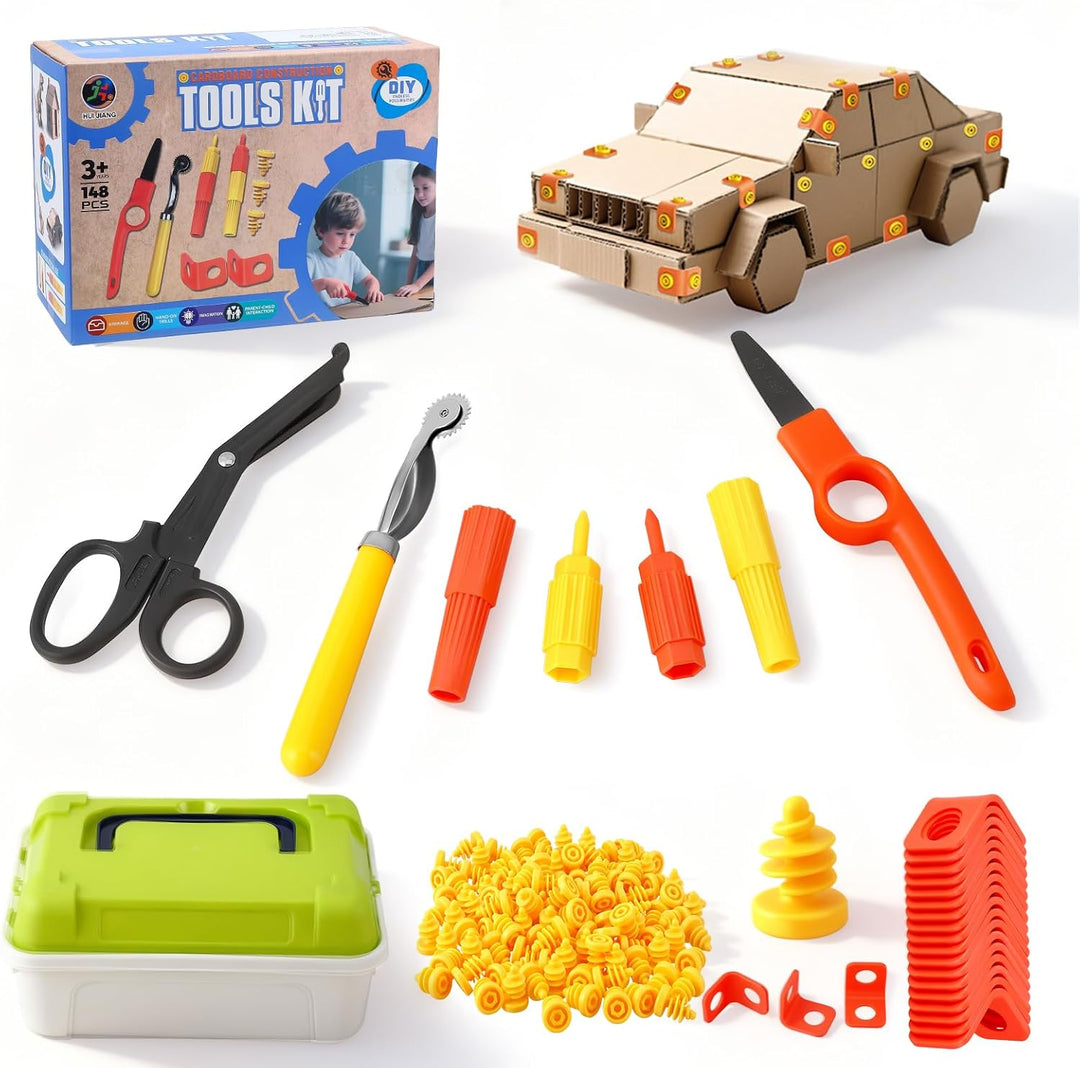 Kartonwerkzeug Set 148-teilig, DIY Konstruktionsspielzeug mit Werkzeugen für Pappe, STEM Lernspielze