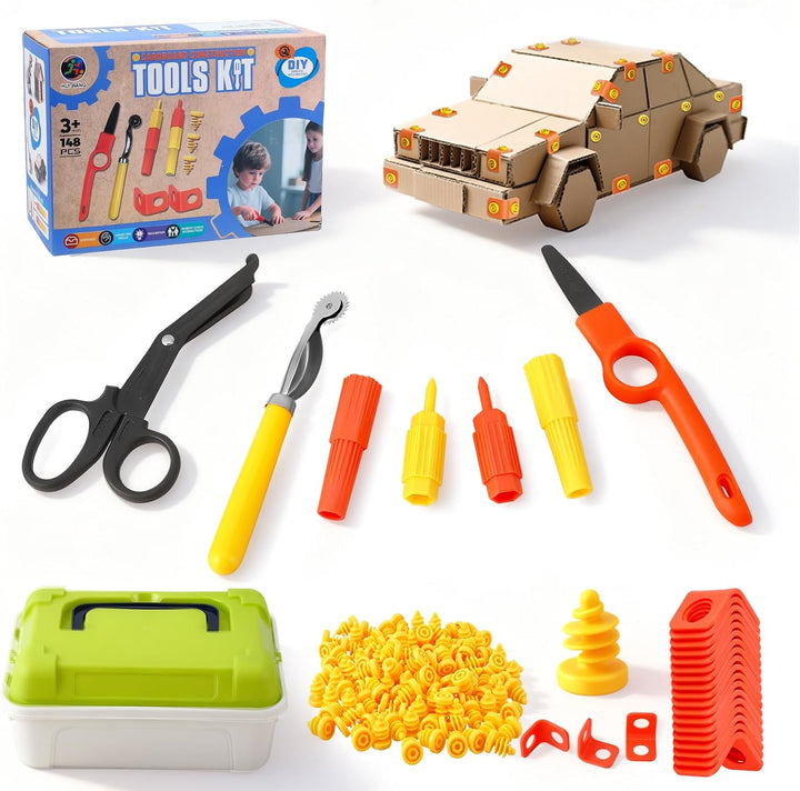 Kartonwerkzeug Set 148-teilig, DIY Konstruktionsspielzeug mit Werkzeugen für Pappe, STEM Lernspielze