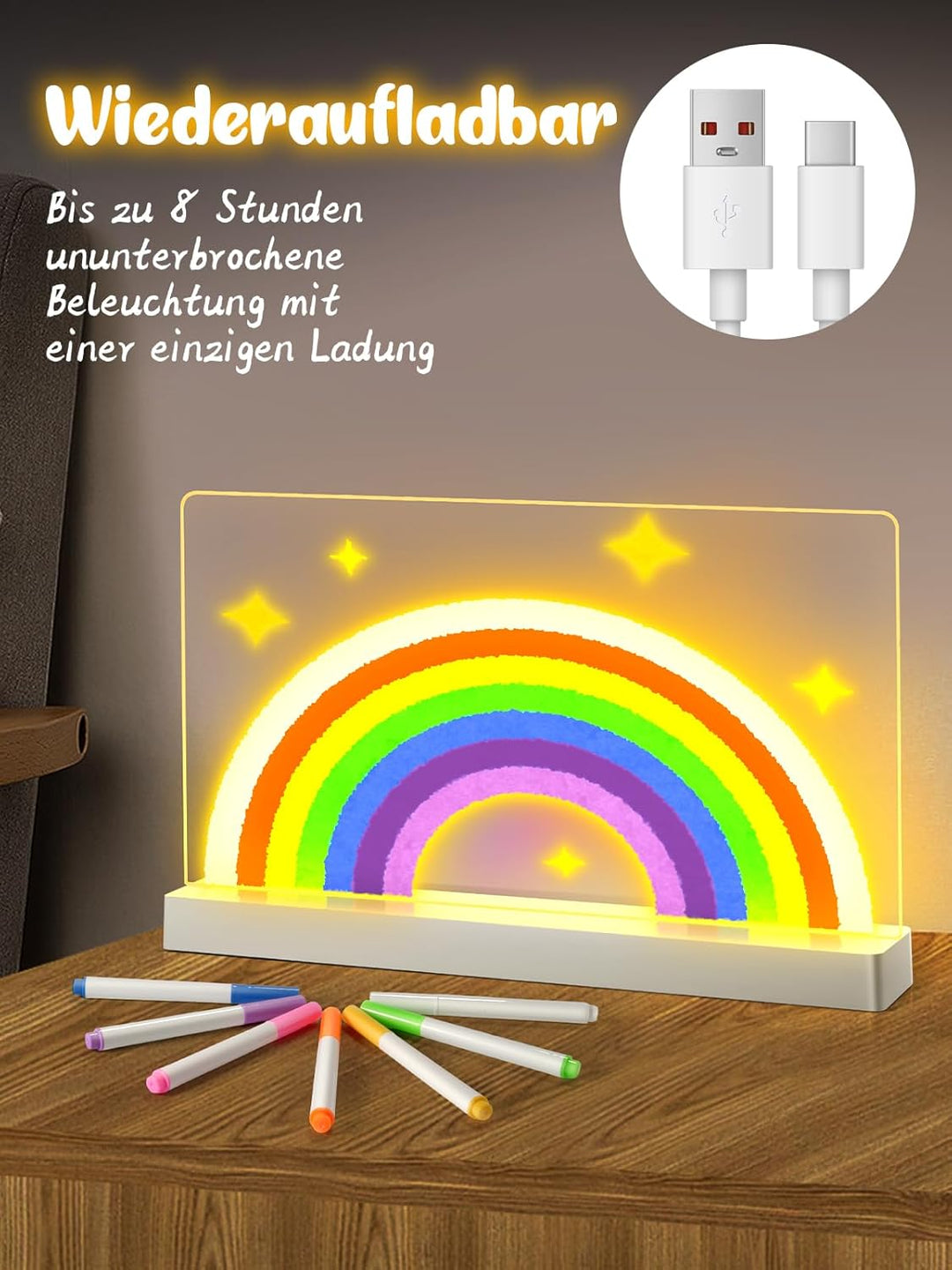 leuchtendes led zeichenbrett für kinder, Wiederaufladbare Acryl Notiztafel mit 7 Farben Stift,2 Lich