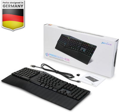 Perixx PERIBOARD-835BL Kabellose ergonomische mechanische Tastatur - RGB - Low-Profile Blue Clicky S