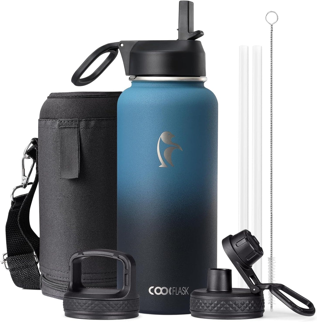 Coolflask Isolierte Wasserflasche 1L, Edelstahl Isolierte Wasserflasche mit Strohhalm & 3 Deckeln, D