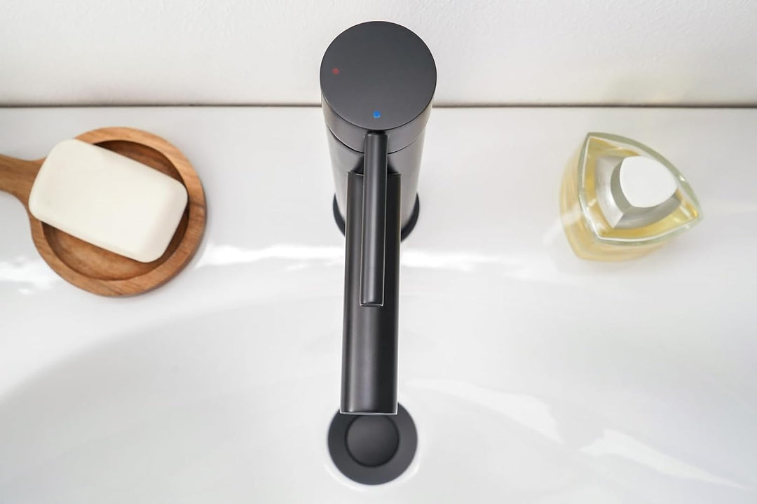 aquaSu® Waschbeckenarmatur Schwarz mit Pop-Up-Ventil 1 1/4" – Waschtischarmatur hoch, Badarmatur, Ei