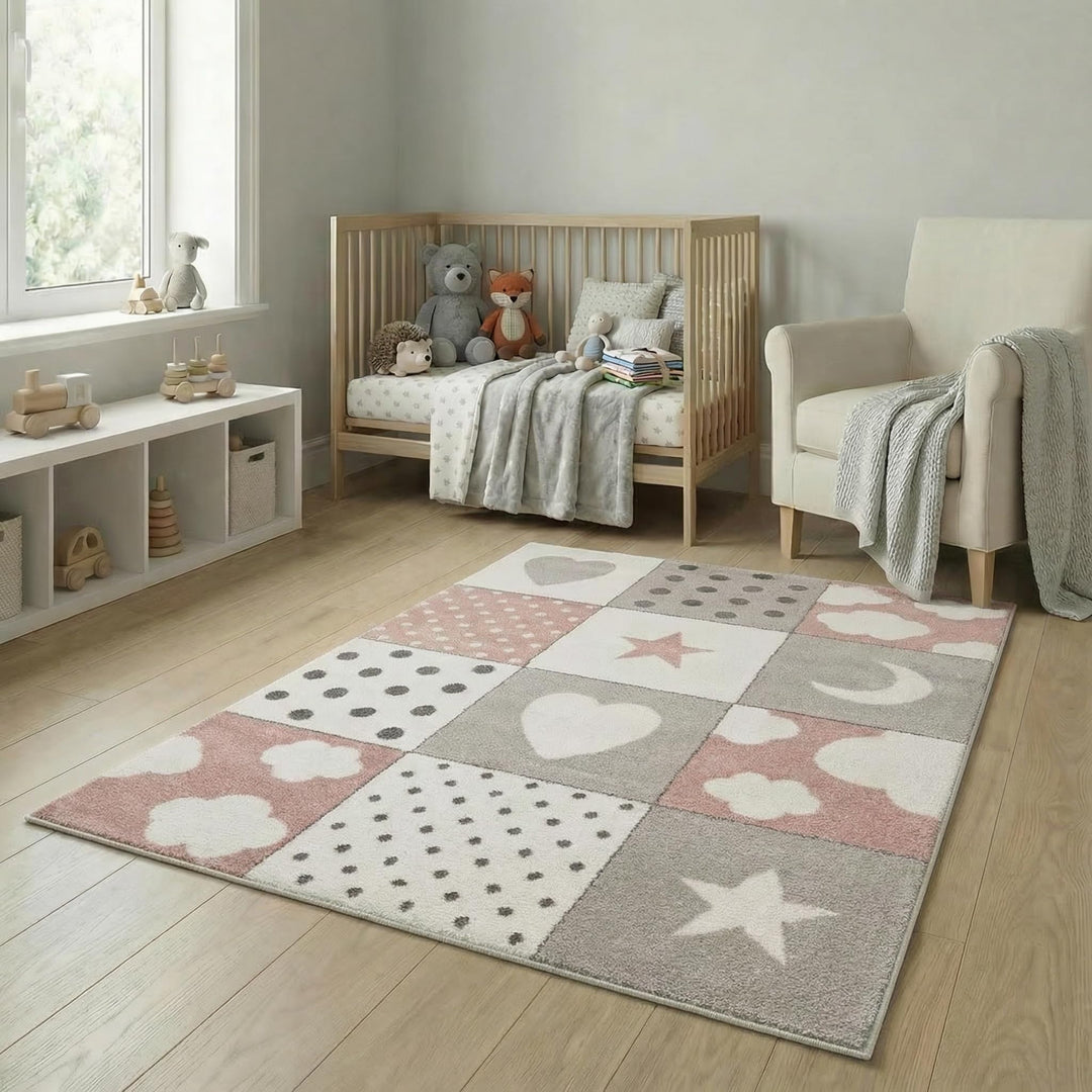 | Kinderteppiche Patchwork Herz Sterne Wolke | Kinderteppich für Mädchen und Jungs | Teppich für Kin
