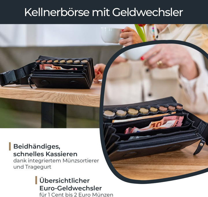 HMF 48830-02 Kellnertasche Leder, Kellnerbörse inkl. Euro-Geldwechsler, Tragegurt, 20,5 cm x 6,5 cm