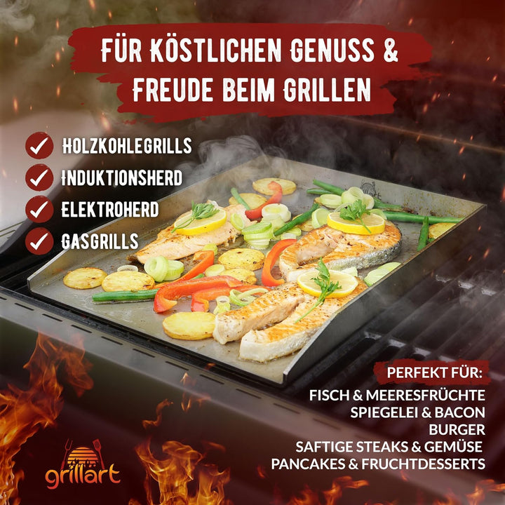 grillart® Premium Plancha Grillplatte mit Grillspachtel aus massiven 4mm Edelstahl – 30x40cm Univers