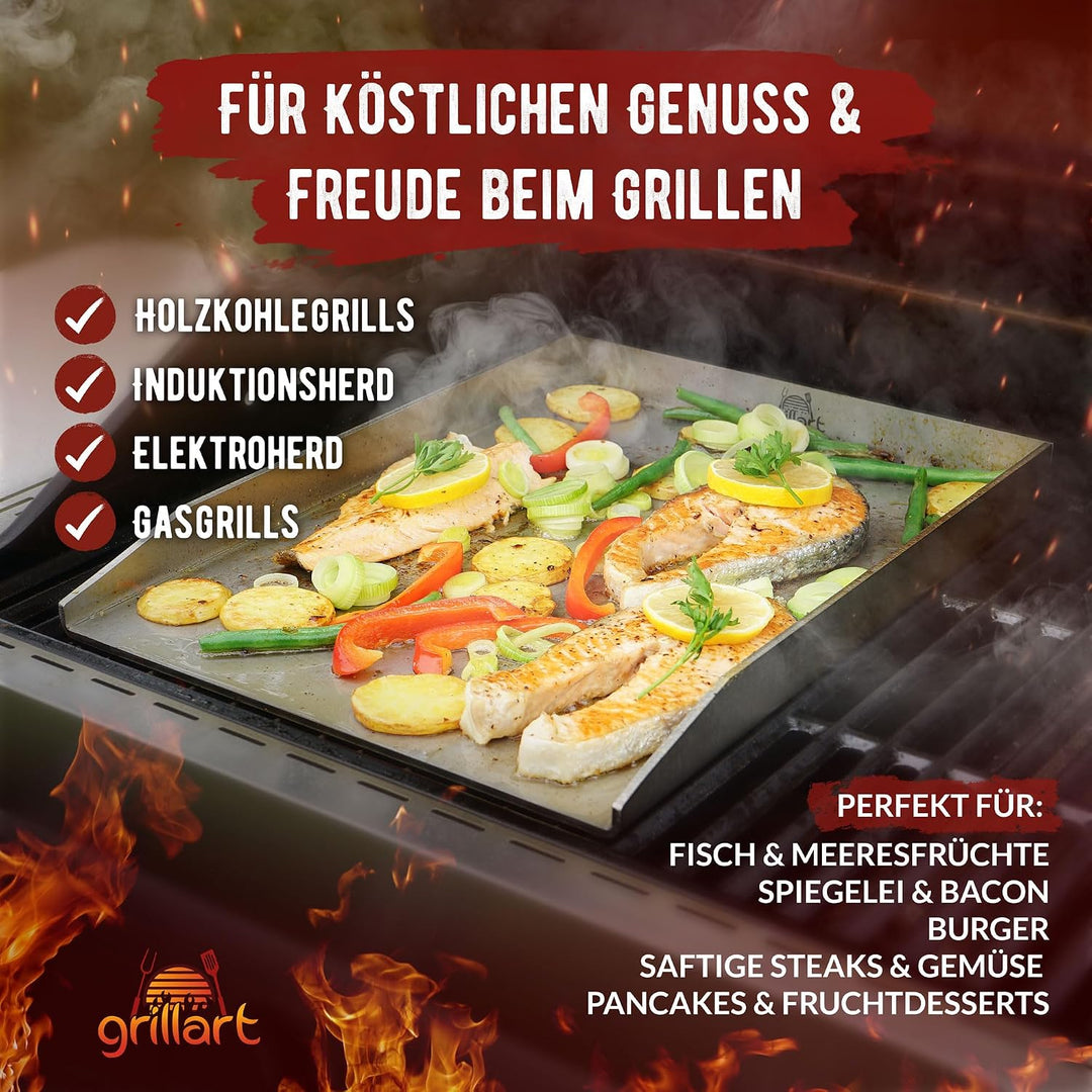 grillart® Premium Plancha Grillplatte mit Grillspachtel aus massiven 4mm Edelstahl, 30x40cm Universa