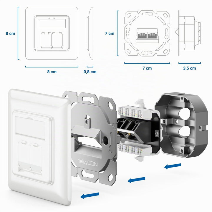 deleyCON 4x CAT6a Netzwerkdose 2x RJ45 Buchse Geschirmt Unterputz Montage 10 Gbit Ethernet Netzwerk
