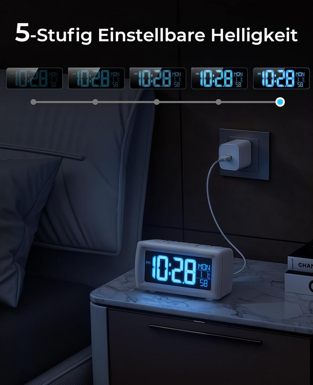 Digitaler Radiowecker, Wecker Radio mit 7-farbige Ziffernanzeige, Einstellbarer Helligkeit und Weckt