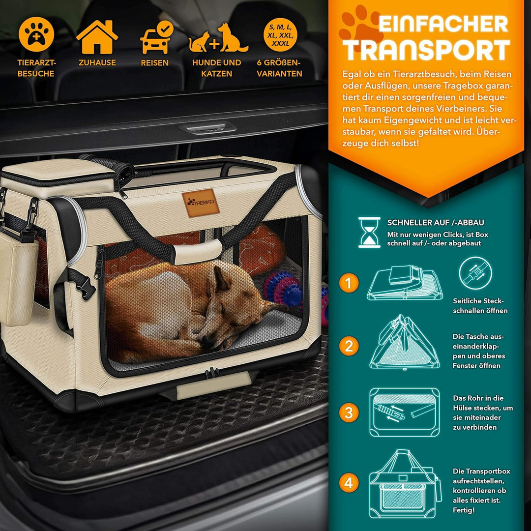 TRESKO® Hundebox faltbar inkl. Leckmatte, Spatel &amp; Reflektoren M 61x42x42cm | Transportbox für Hunde