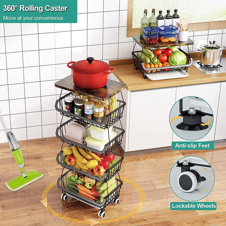homewell 4-stufiger Gemüsekorb Obstkorb aus Kohlenstoffstahl, für Brot, Gemüse, Snacks und Obst, Pla