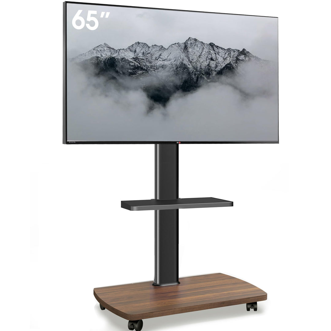 AOKCOS TV Ständer Rollbar mit Holzablage Regal, Fernsehständer auf Rollen für 32-65 Zoll Fernseher,