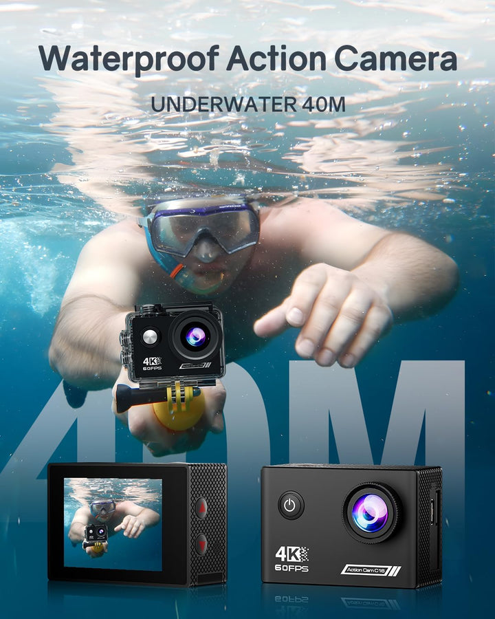 TIMNUT 4K60FPS Action Kamera, 40M wasserdichte Action Cam Unterwasserkamera mit 64 GB SD-Karte, 6-Ac