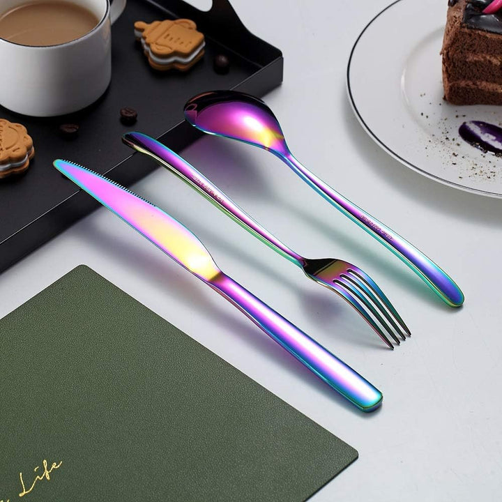 HOMQUEN 30 Stück Regenbogen Besteck Set, Regenbogen Besteckset aus Edelstahl, Regenbogen Titanbeschi