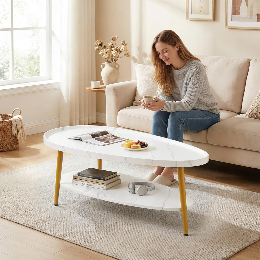 Couchtisch Oval Holz | Wohnzimmertisch Sofatisch mit Metallrahmen | Einfacher Aufbau, Industrie-Desi