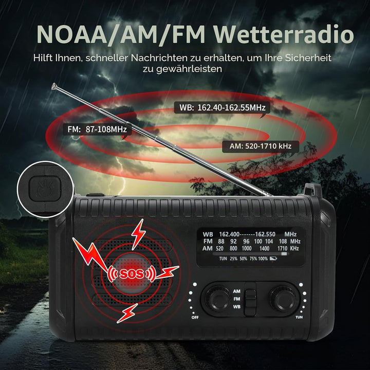 Notfallradio, Crank Wetterradio, 20000mAh Solarradio, Hand Kurbelradio mit AM/FM/NOAA, tragbares Rad