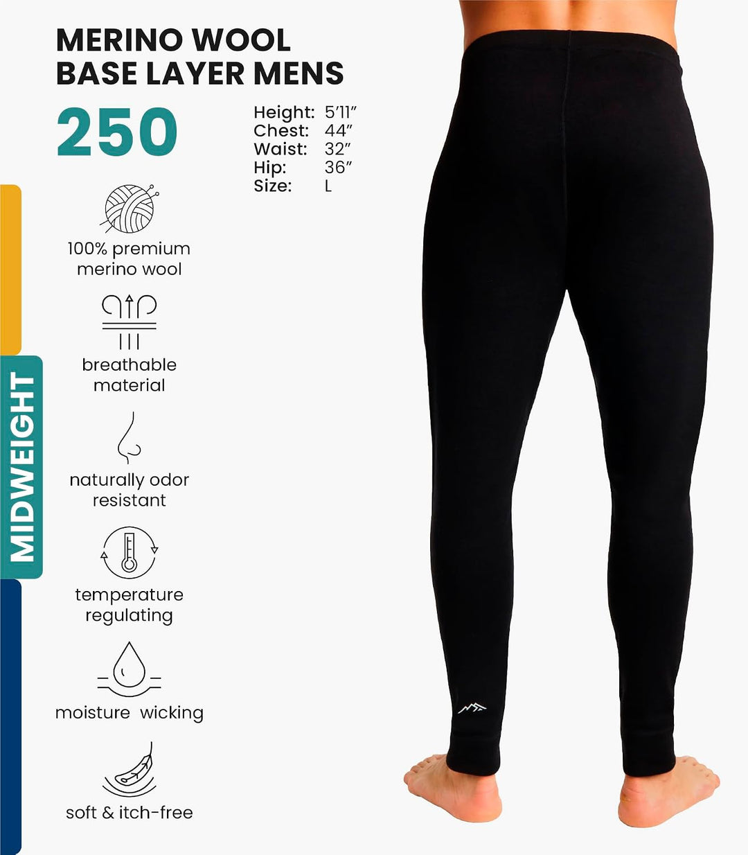 Merino Unterwäsche Herren - Lange Unterhosen Herren Merino Thermounterwäsche + Wollsocken 3XL .Black