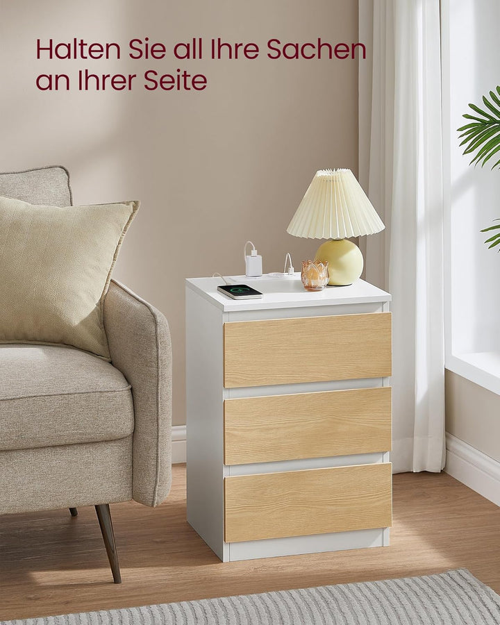 VASAGLE Kailyn Collection - Nachttisch mit Steckdosenleiste, 2er Set, Beistelltisch, 3 Schubladen, 2