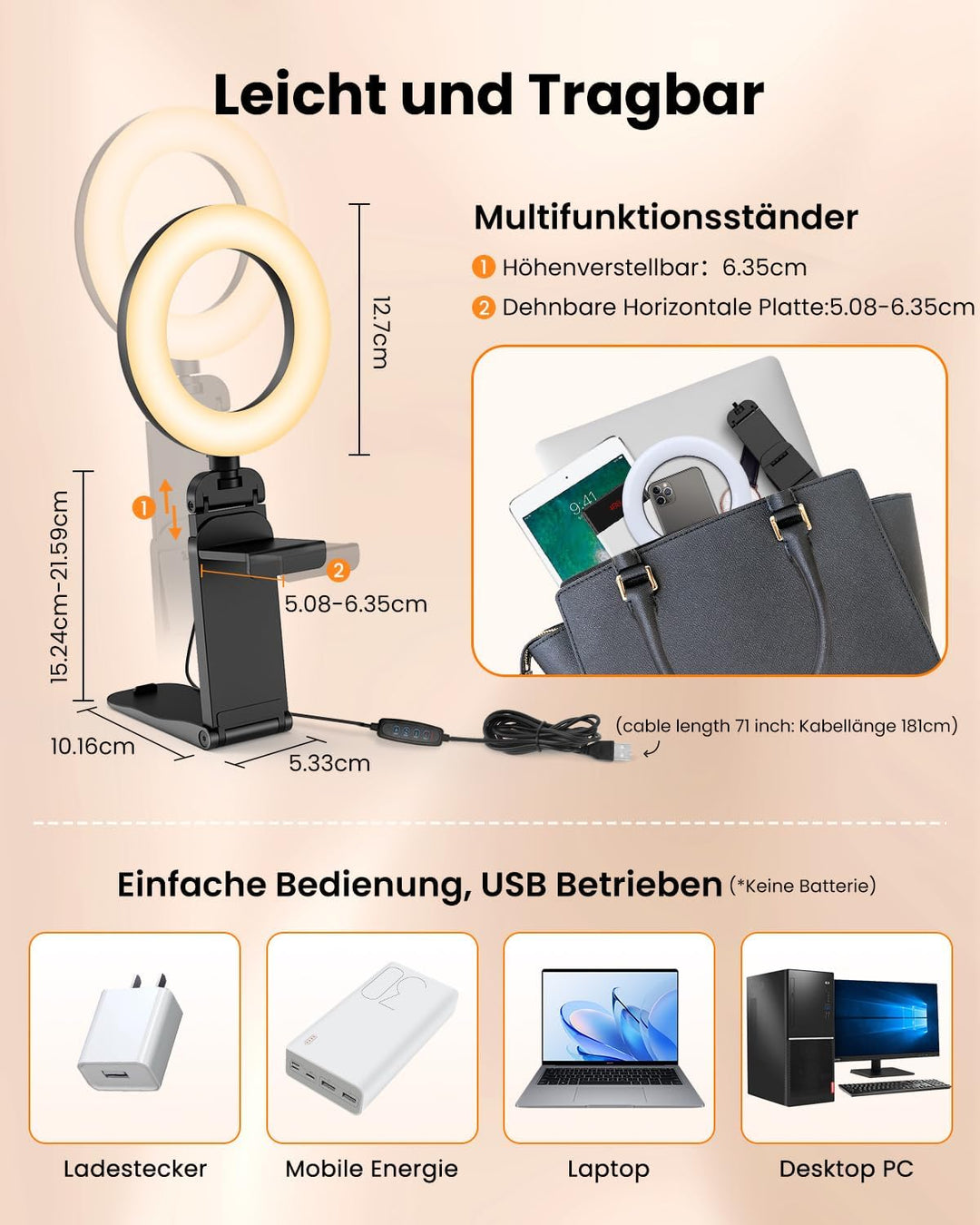 Upgrade Ringlicht Laptop PC 5” Videokonferenz Licht,Evershop Ringleuchte Ringlampe mit Stativ&Handyh