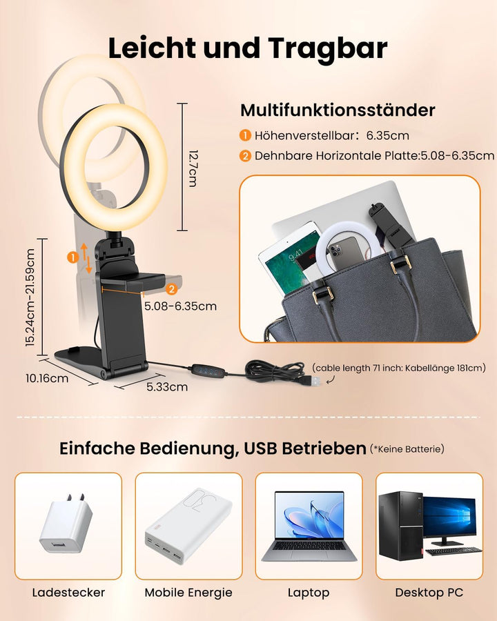 Upgrade Ringlicht Laptop PC 5” Videokonferenz Licht,Evershop Ringleuchte Ringlampe mit Stativ&Handyh