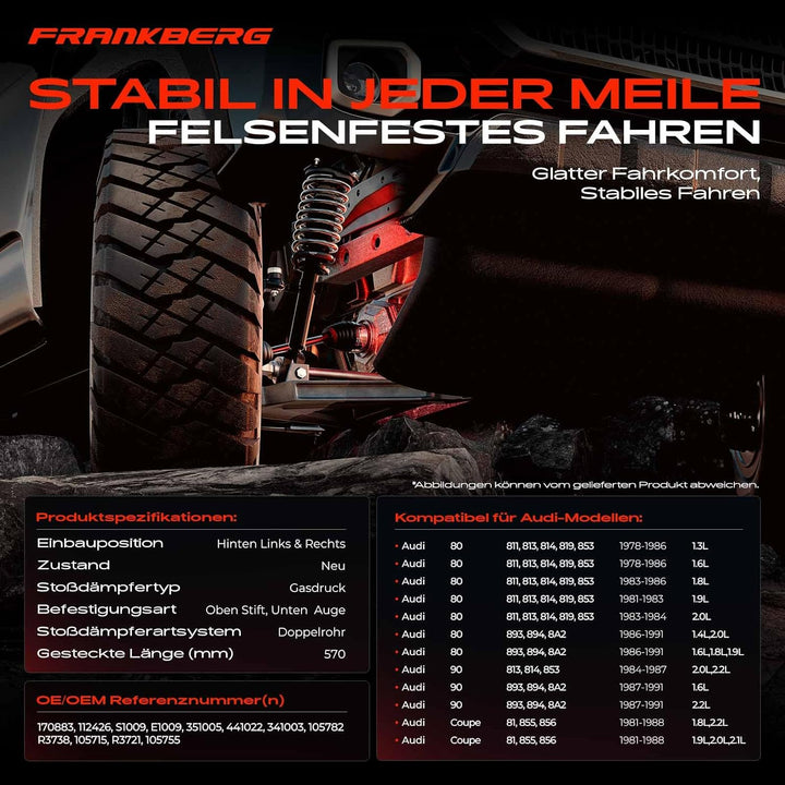 Frankberg 2x Stossdämpfer Gasdruck Hinterachse Kompatibel mit 80 811 813 814 819 853 893 894 8A2 197