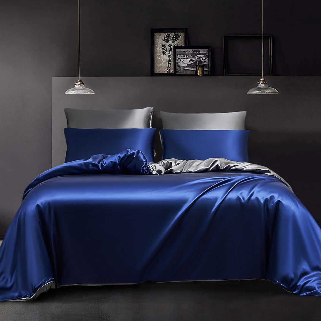 YASMENG Bettwäsche Satin 200x220 Blau Dunkelgrau Wendebettwäsche Modern Deluxe Elegant Bettbezug Set
