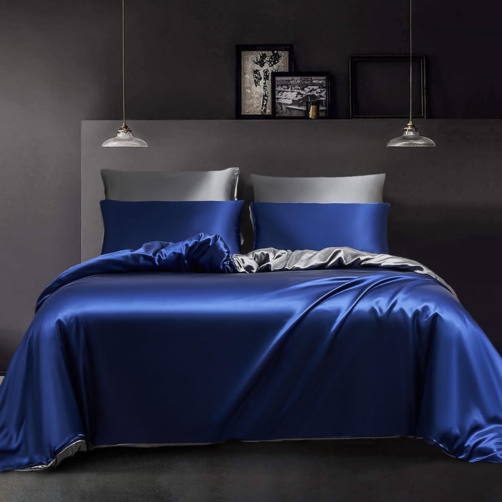 YASMENG Bettwäsche Satin 200x220 Blau Dunkelgrau Wendebettwäsche Modern Deluxe Elegant Bettbezug Set