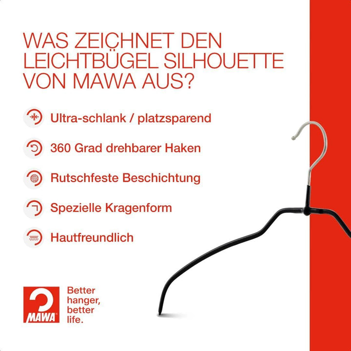 MAWA Kleiderbügel Light, Set mit 50 platzsparenden und rutschfesten Bügeln, ideal für T-Shirts, Tops