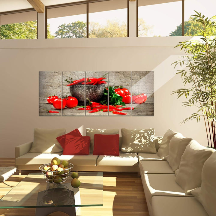 Runa Art Wandbild XXL Küche - Gemüse Esszimmer Küchenbilder 200 x 80 cm Braun Rot 5 Teilig - Made in