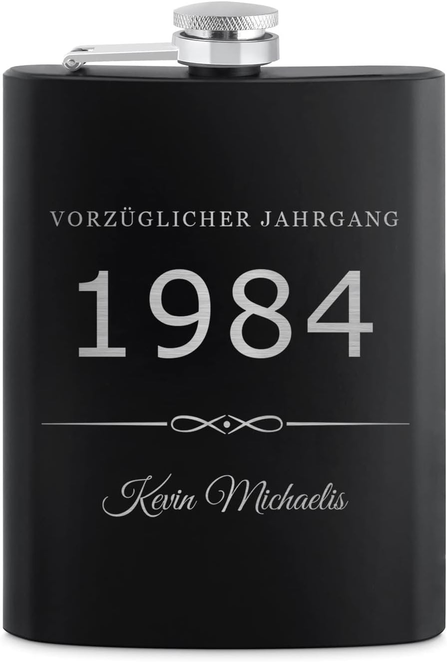 Maverton Flachmann Set 200 ml mit Gravur - Taschenflasche + 4 Schnapsgläsern 20 ml mit Trichter - Br