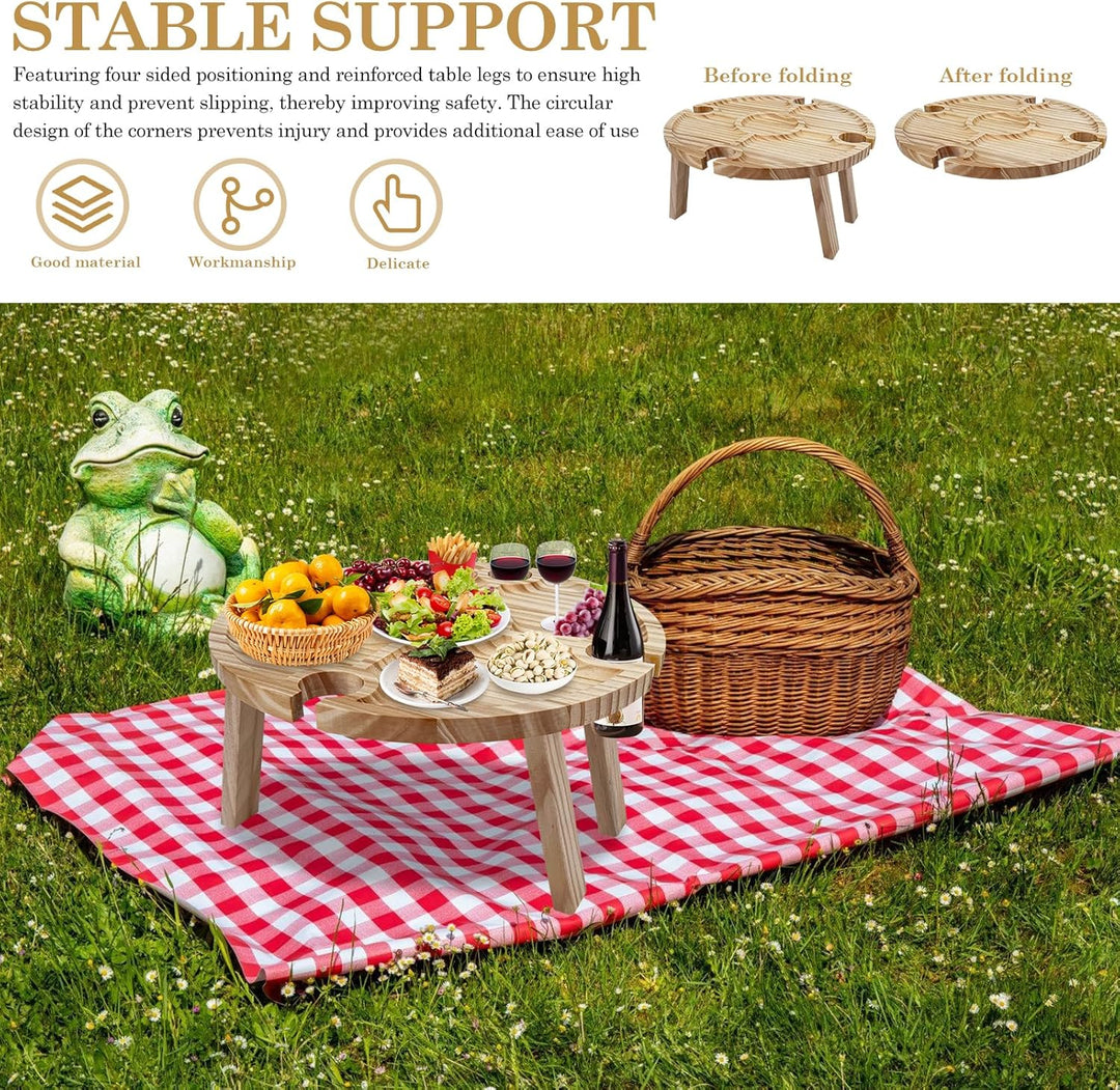 Faltbarer Picknicktisch aus Holz: Tragbarer Picknick Weintisch mit Rotweinglashalter, Rund Holz Gart