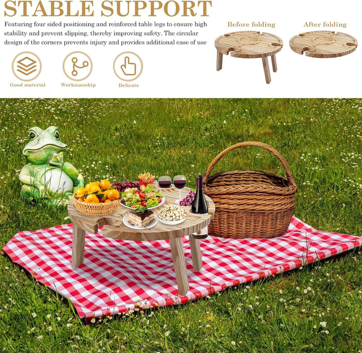 Faltbarer Picknicktisch aus Holz: Tragbarer Picknick Weintisch mit Rotweinglashalter, Rund Holz Gart
