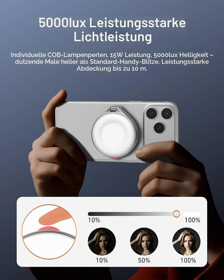 TELESIN 2-in-1 Magnetische Selfie- &amp; Blitzleuchte für iPhone, 5000 Lux MagSafe Ringlicht, 2500K–6500
