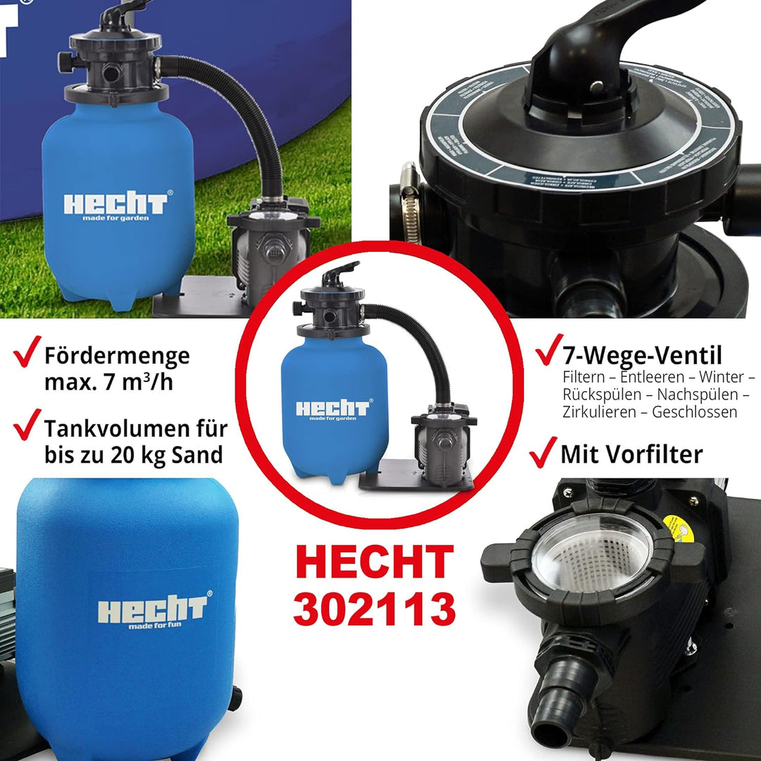 HECHT Sandfilter Sandfilteranlagen 11.000 Liter – Poolfilteranlage Sandfilterpumpe Reinigungspumpe f