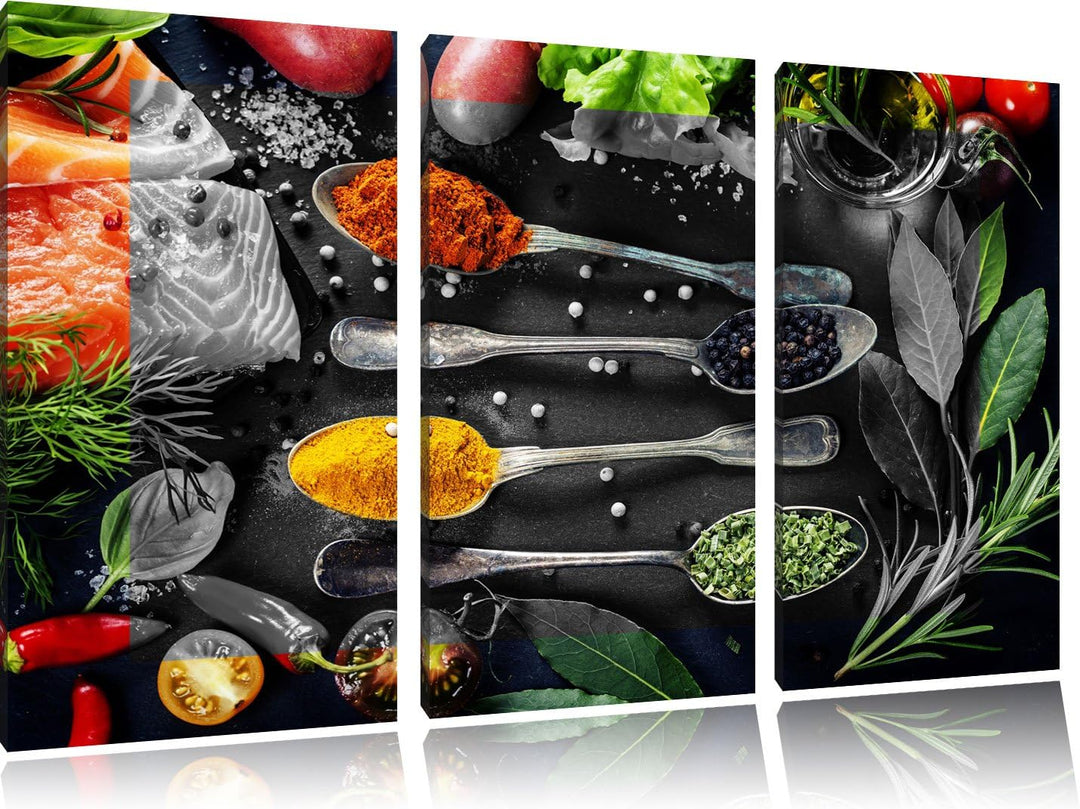 Gewürzmischung auf Löffeln schwarz/weiss 3-Teiler Leinwandbild 120x80 Bild auf Leinwand, XXL riesige