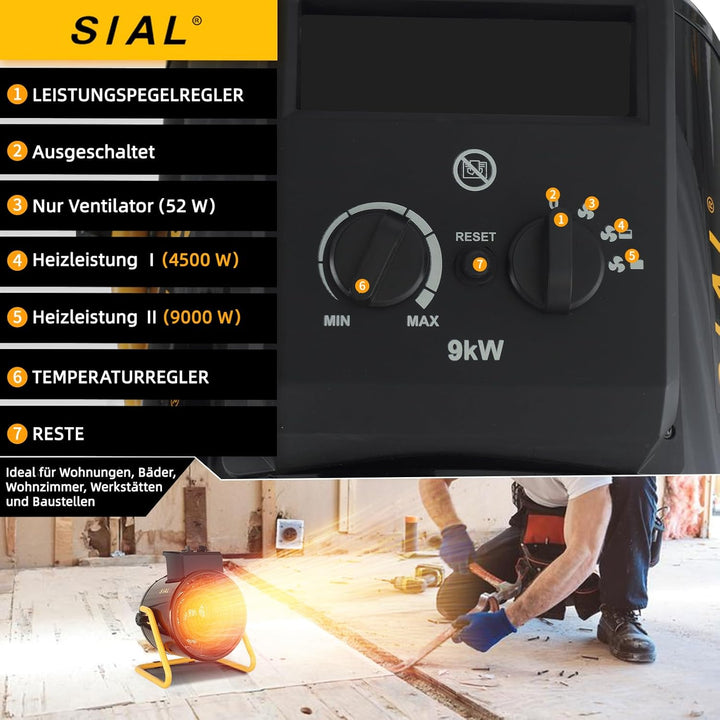 SIAL Industriell Heizlüfter 9000W, 400V - Elektrische Heizung - Heizstrahler Bauheizer - Heizgebläse