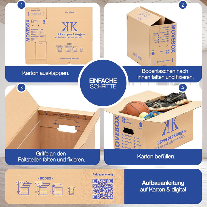 KK-Verpackungen Umzugskartons, 20 Stück, (Profi) STABIL + EXTRA GROSS + 45 KG TRAGLAST + 2-WELLIG -