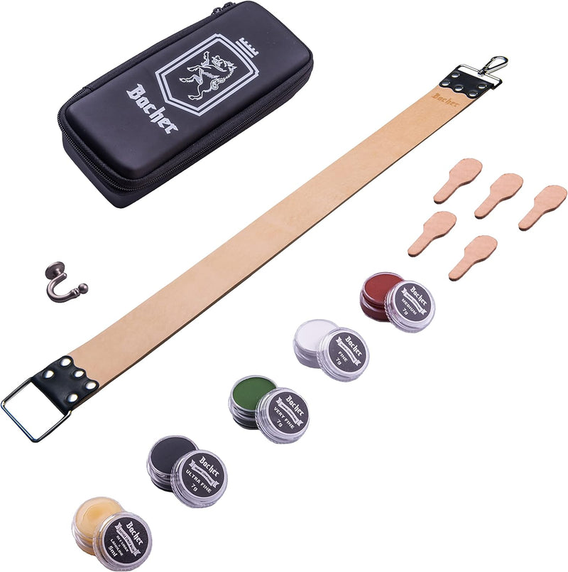 BACHER Premium Leder Streichriemen zum Schärfen von Rasiermesser Set mit Polierpaste für Abziehrieme