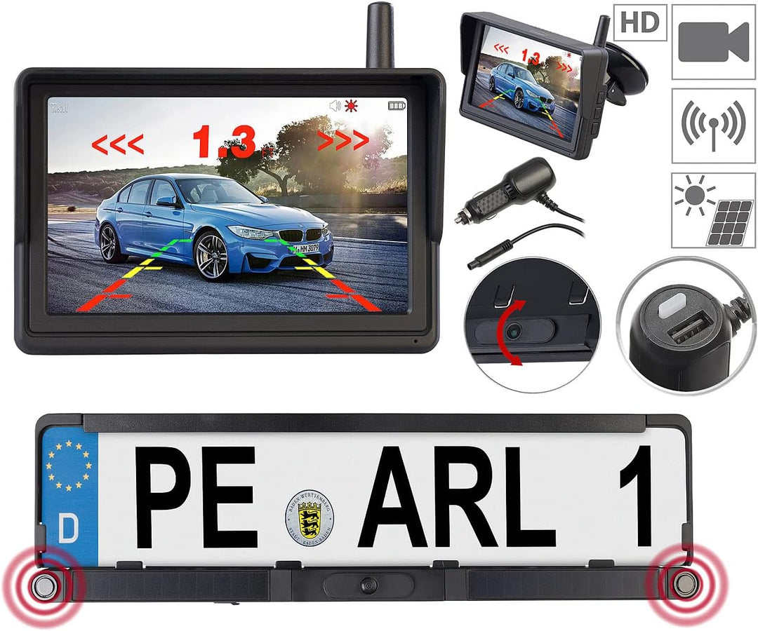 Lescars Rückfahrkamera: Solar-Funk-HD-Rückfahrcam Nummernschildhalter, Monitor, Abstandswarner (Rück