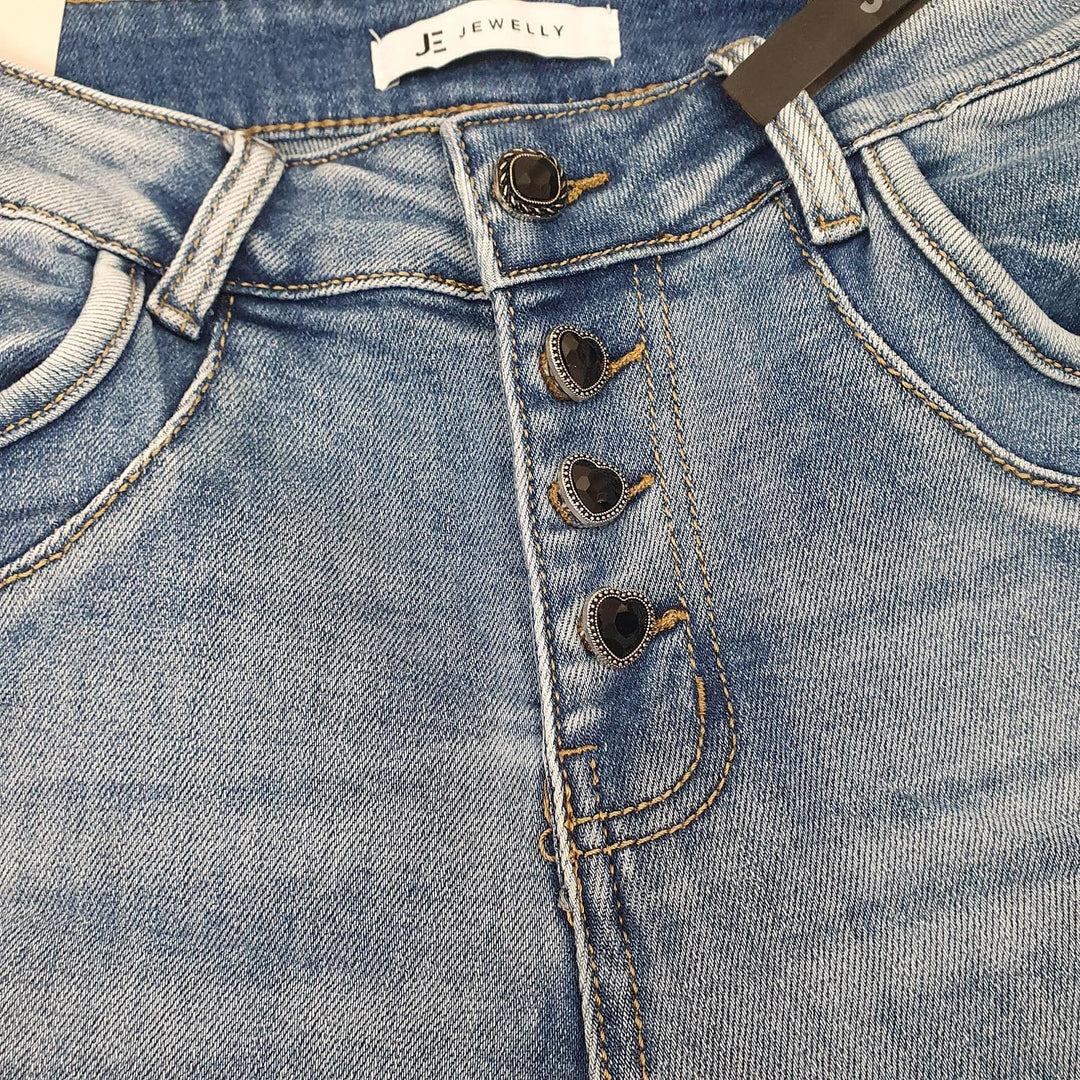 Jewelly Stretch Jeans| im Baggy Boyfriend Schnitt| Damen Hose mit dekorativer Knopfleiste| Perfekter