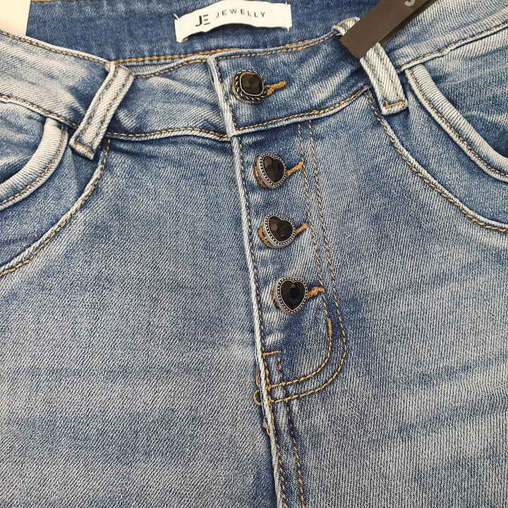 Jewelly Stretch Jeans| im Baggy Boyfriend Schnitt| Damen Hose mit dekorativer Knopfleiste| Perfekter