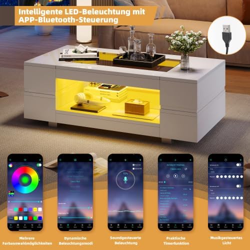 Merax Moderner Couchtisch Weiss 100x50x35cm mit LED-App-Steuerung, Wohnzimmertisch & Beistelltisch C