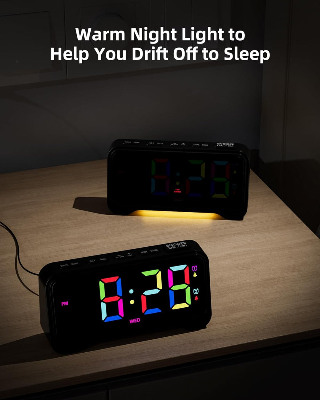ROCAM LED Wecker Digital mit Grossen Zahlen, Nachttisch Wecker mit Typ-C & USB-Ladeanschluss, Dualer