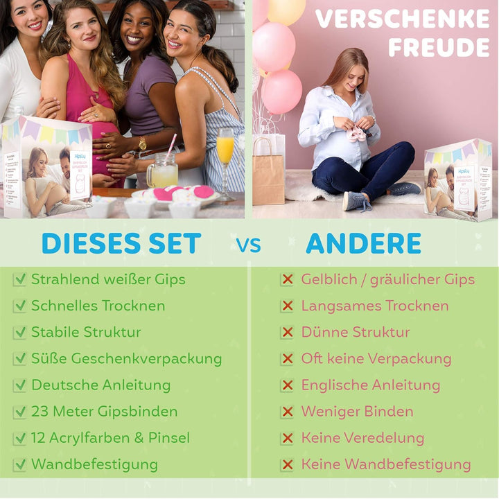 Hipsty Gipsabdruck Babybauch Set mit (23m) Gipsbinden, 12 Acrylfarben & vielem mehr | Der Bauchabdru