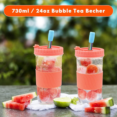 4 Stück Rosa Bubble Tea Becher mit Deckel und Edelstahl Strohhalm 730ml/24oz Trinkflasche Glas mit S